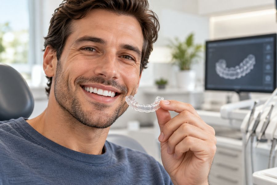 Man holding a clear aligner and smiling