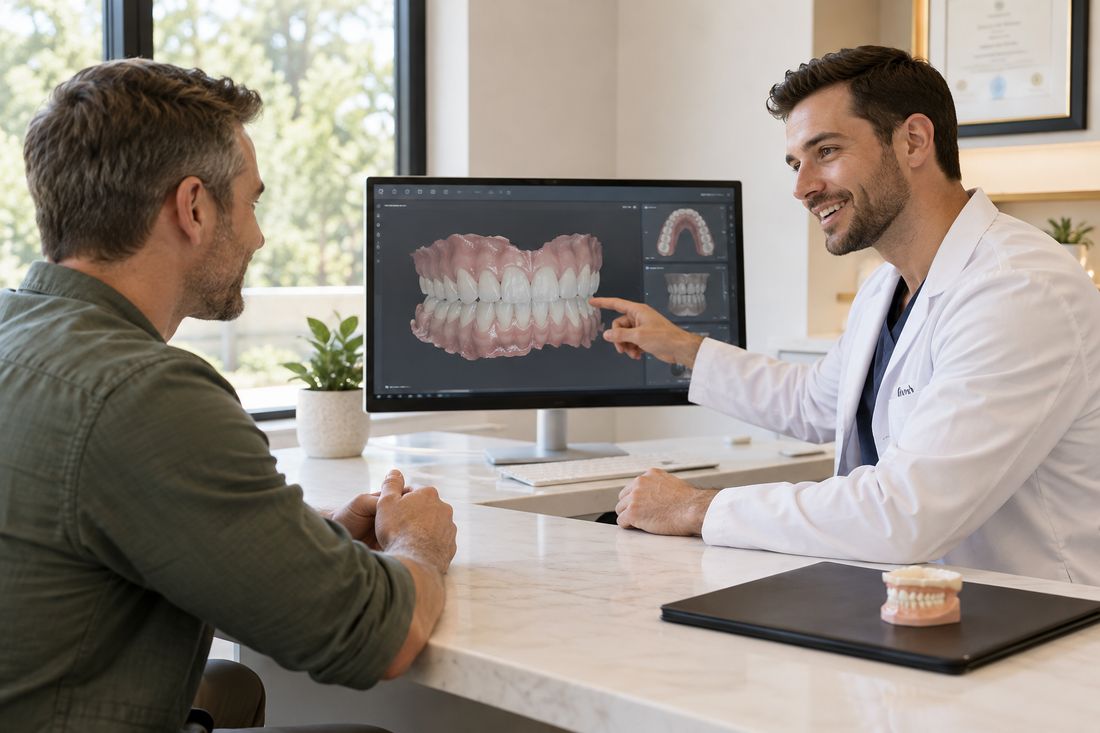 Dentist showing a patient a 3D scan of his teeth