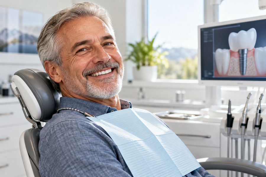 Older man smiling in the dental chair