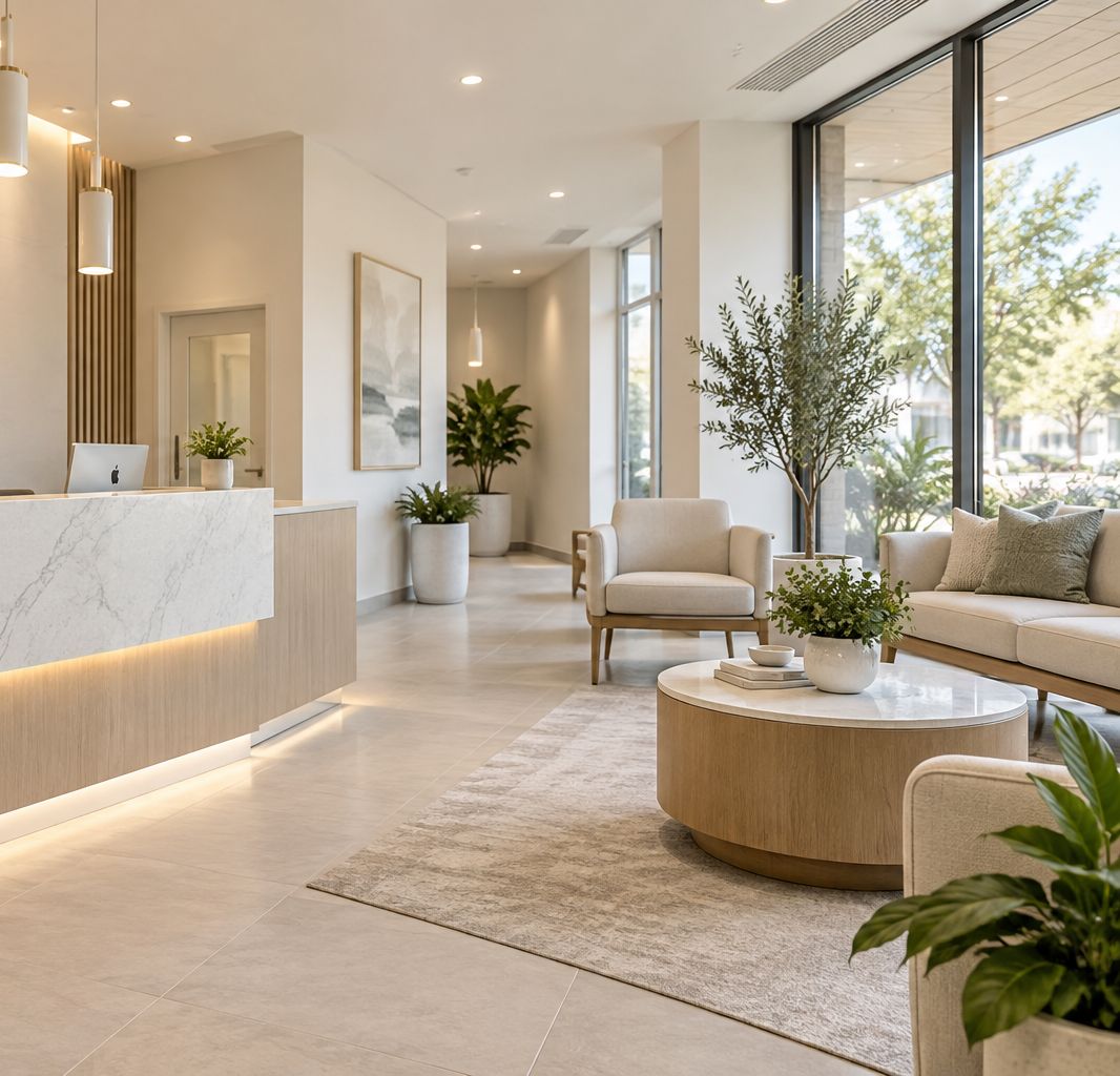 Bright reception and lounge with soft seating and plants