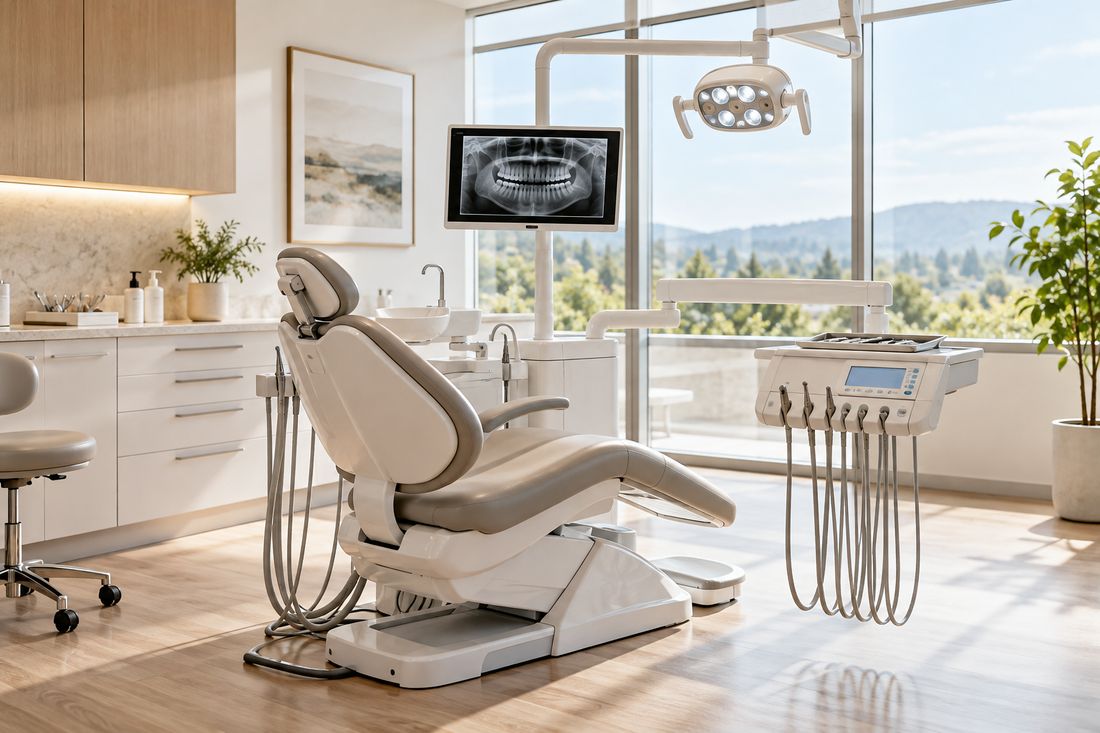 Treatment room with a dental chair beside large windows