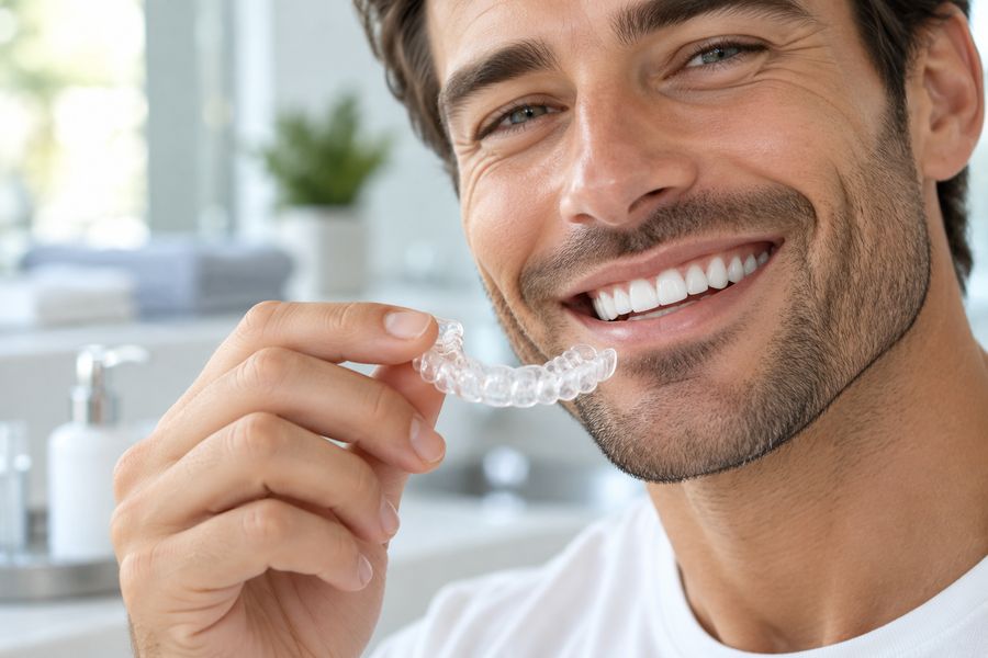 Man holding a clear whitening tray